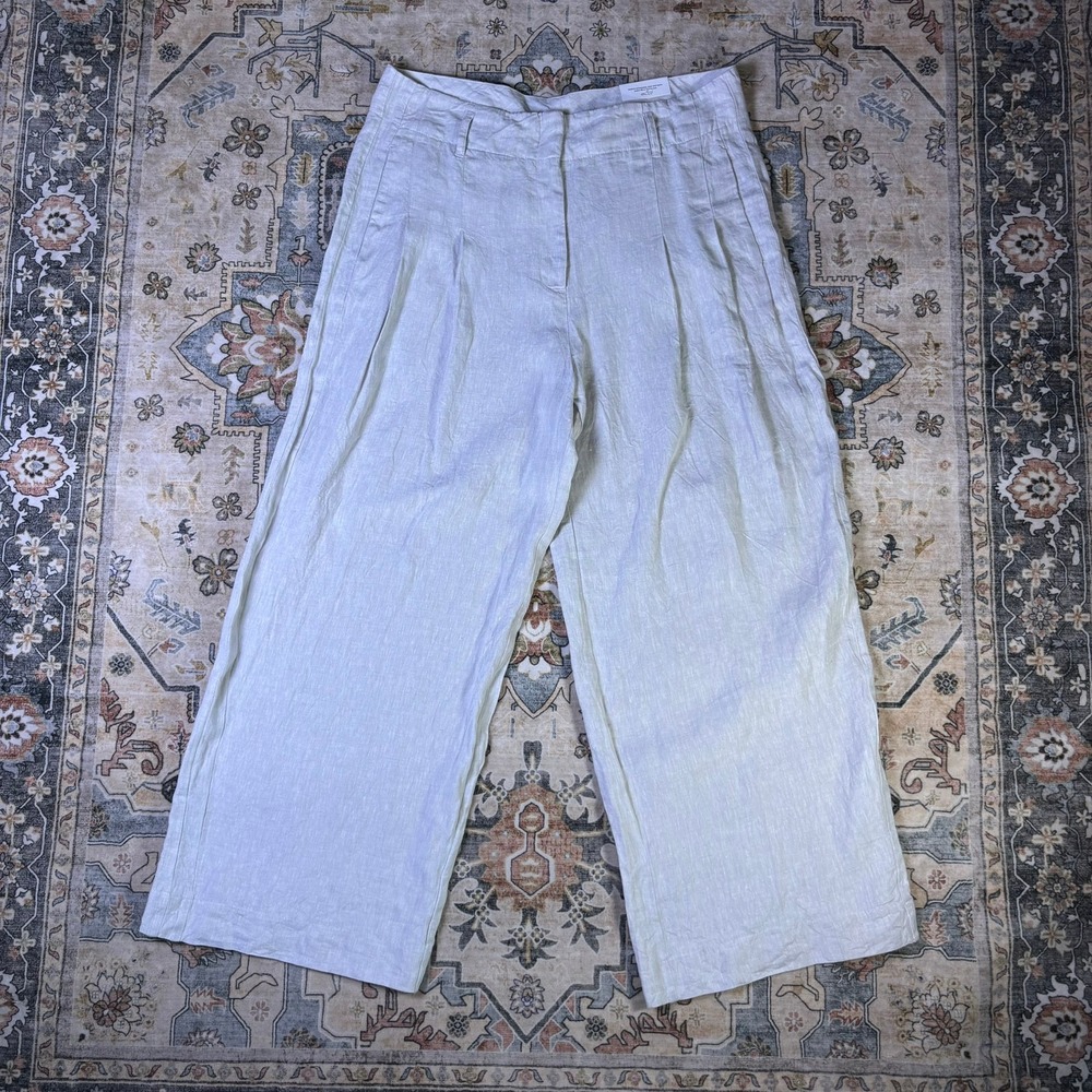Chico's Wide Leg Linen Trousers Beige Pleated High Rise Pants Size 3R US 16R NWT